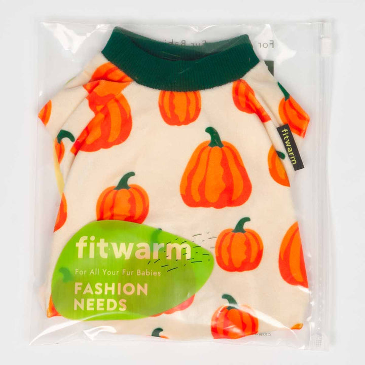 Pumpkin print dog pajamas packaged in Fitwarm bag with festive Halloween design