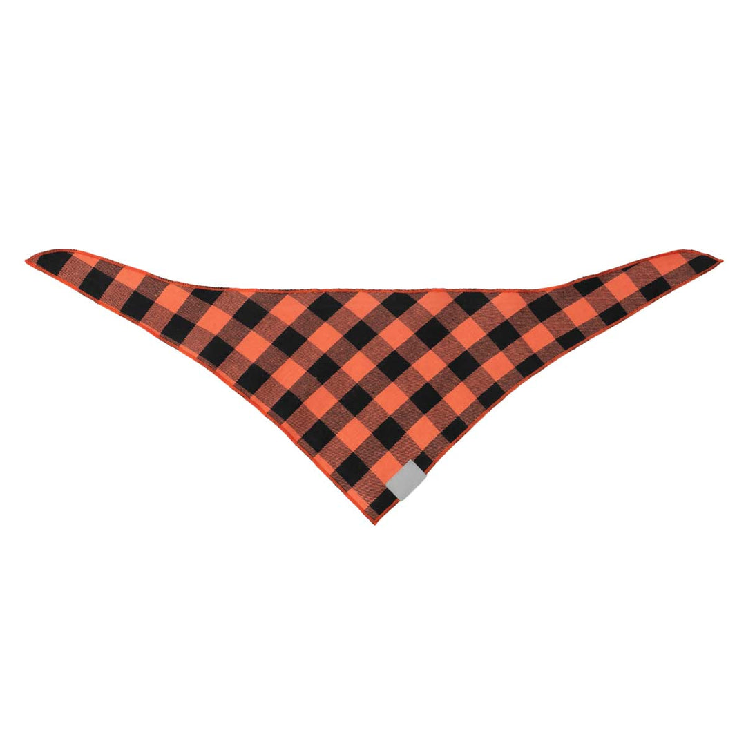 Reversible orange and black plaid dog bandanas with classic fall checkered pattern.