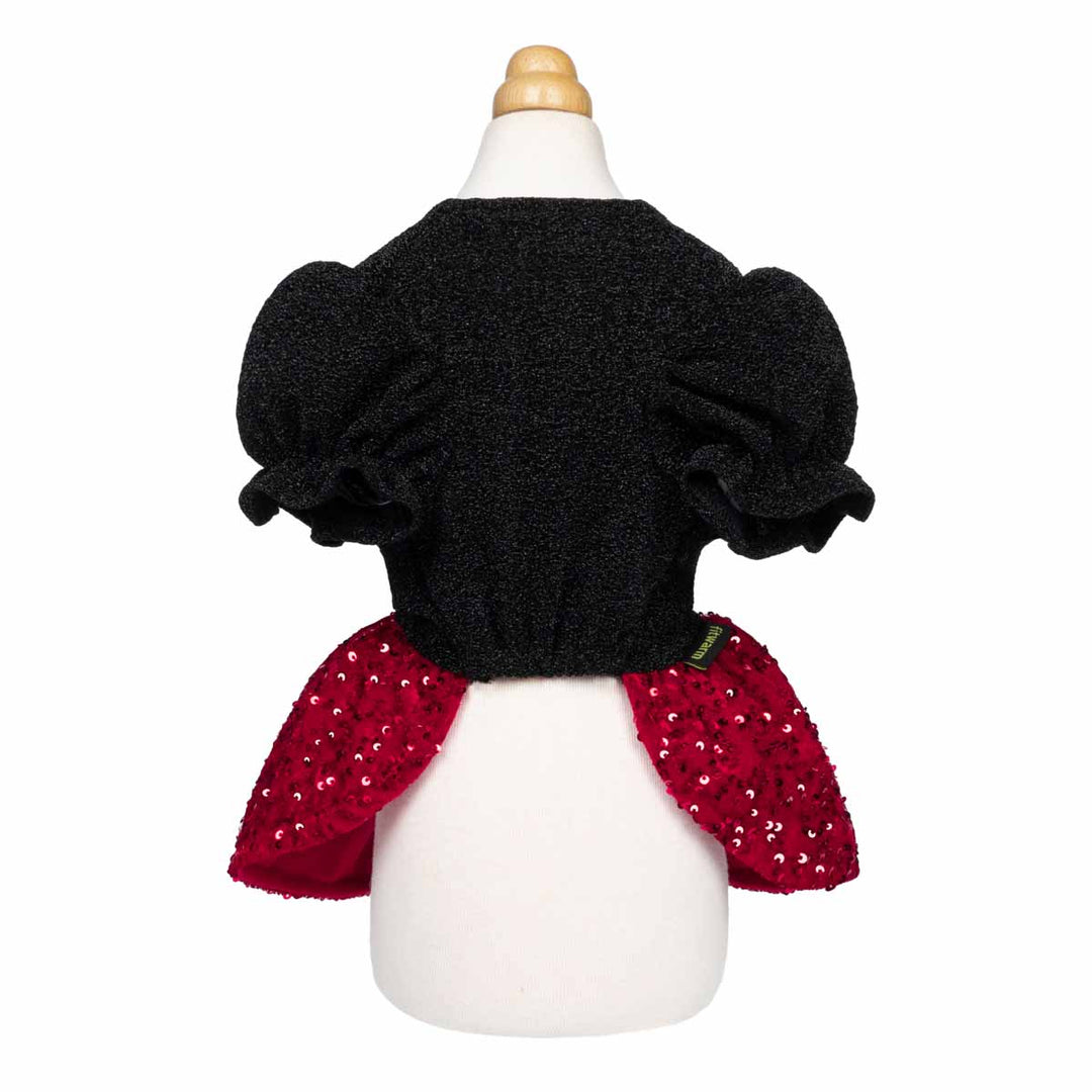 Back view of black and red dog dress with ruffled puff sleeves and sparkly sequin details.