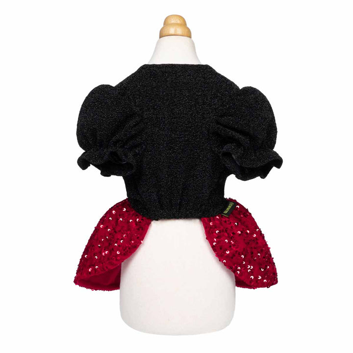 Back view of black and red dog dress with ruffled puff sleeves and sparkly sequin details.