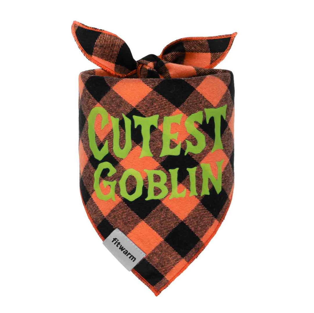 Halloween plaid dog bandanas tied in a cute knot with “Cutest Goblin” print.