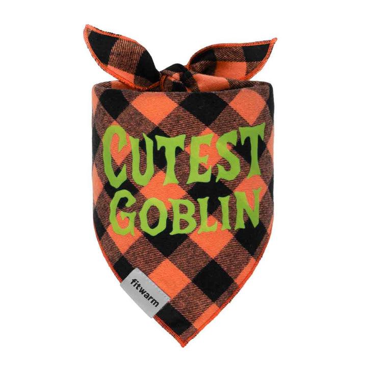 Halloween plaid dog bandanas tied in a cute knot with “Cutest Goblin” print.