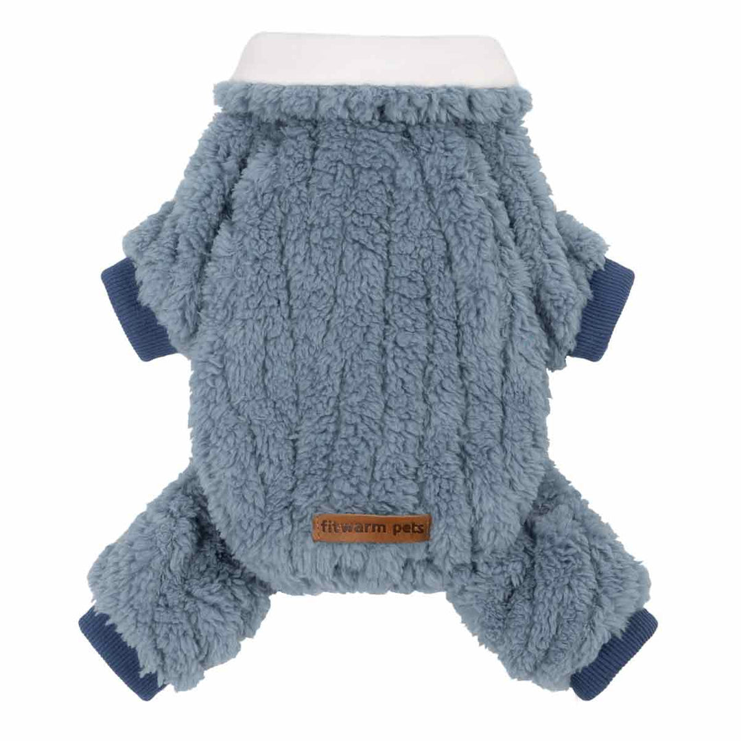 Blue sherpa fleece dog pajamas with ribbed cuffs and foldable white collar, shown from back view.