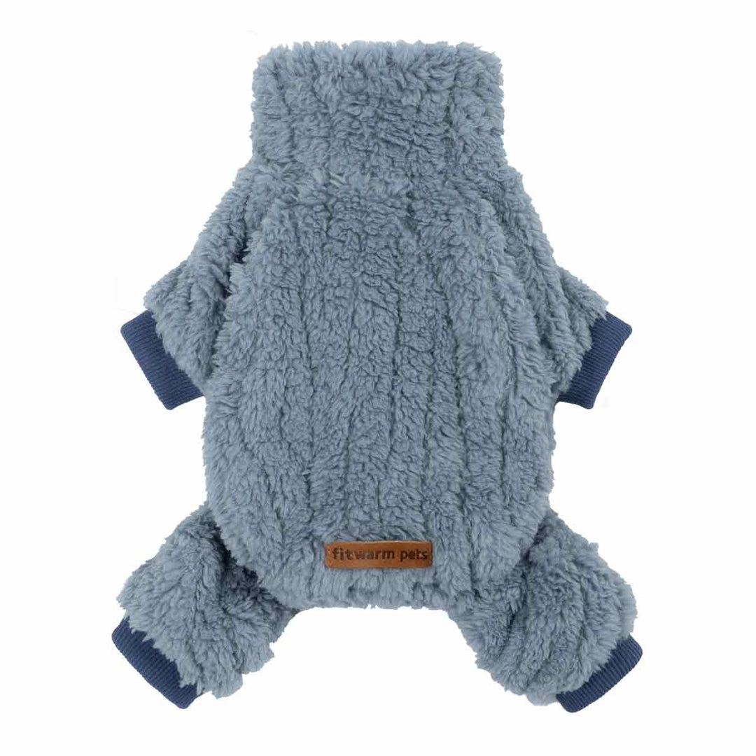 Soft blue fleece dog pajamas featuring a turtleneck and cozy ribbed leg openings.