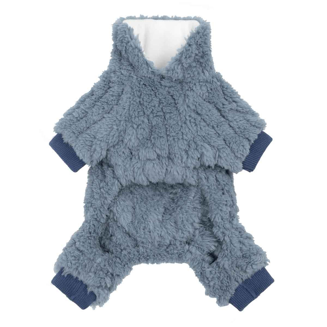 Blue sherpa dog pajamas with open belly design for easy potty time and full coverage warmth.