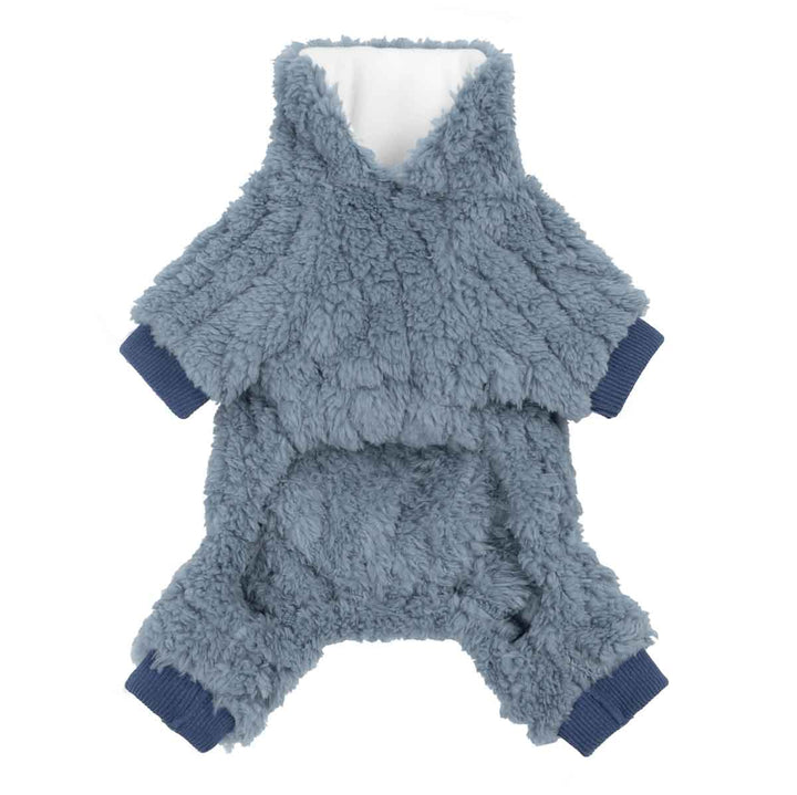 Blue sherpa dog pajamas with open belly design for easy potty time and full coverage warmth.
