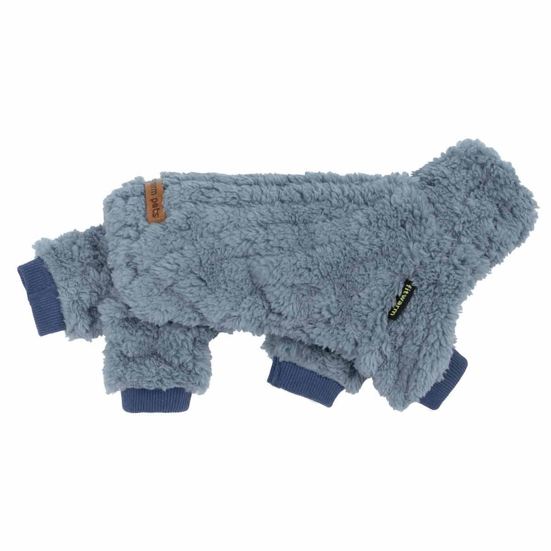 Side view of blue fleece dog pajamas with textured sherpa fabric and ribbed details.