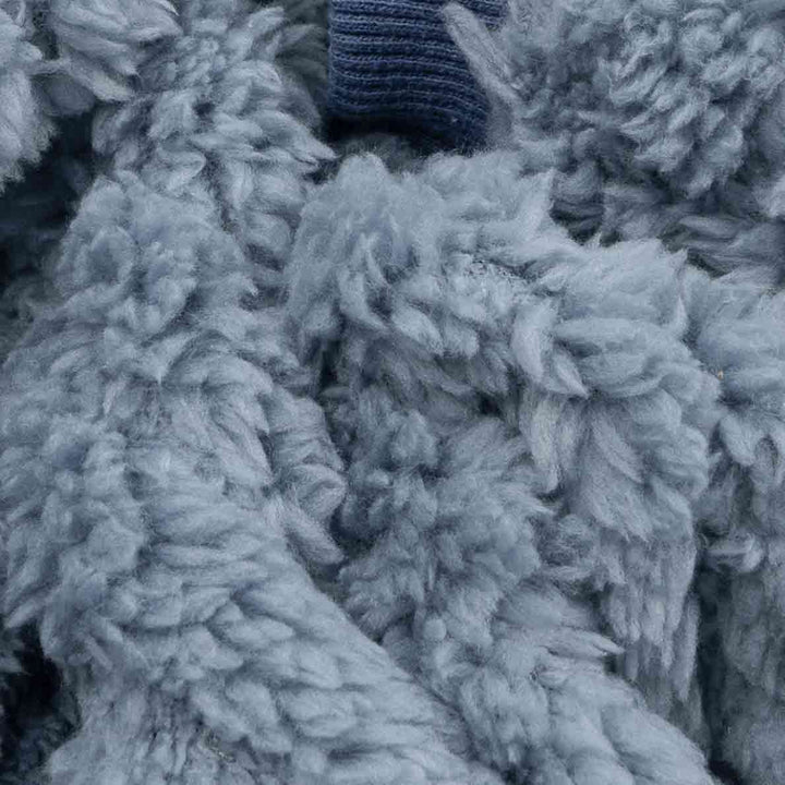 Close-up of soft blue sherpa fleece texture from cozy winter dog pajamas.