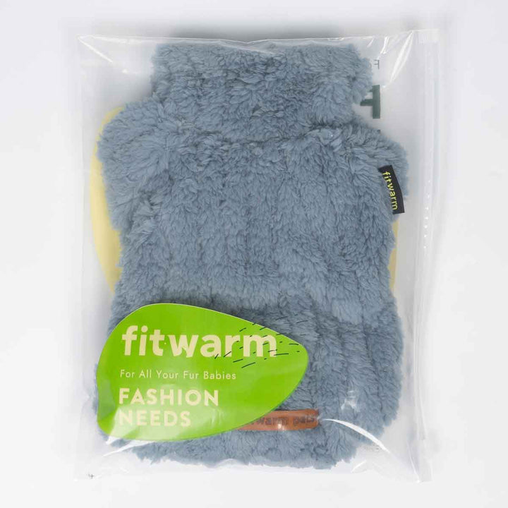 Blue sherpa fleece dog pajamas neatly packed in a clear Fitwarm-branded bag.