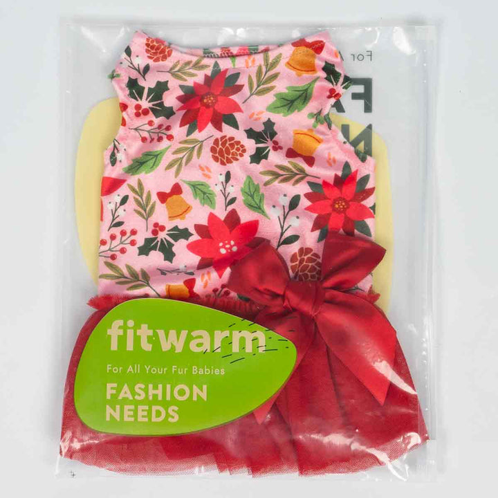 Christmas floral dog dress with red bow and tulle skirt in Fitwarm packaging.