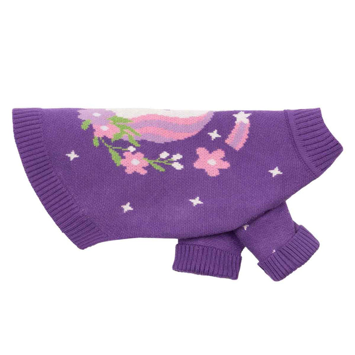 Side view of purple dog sweater decorated with unicorn and floral knit details.