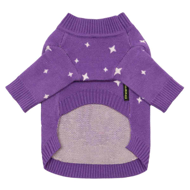 Back view of purple dog sweater with white star knit design and ribbed cuffs.