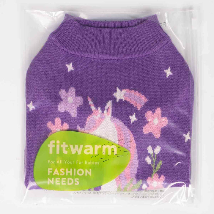 Purple dog sweater with unicorn design and 'fitwarm' branding on a white background