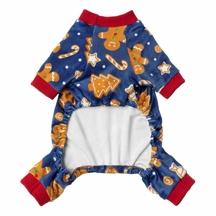 Back view of festive blue dog pajamas decorated with gingerbread men and Santa Claus prints.