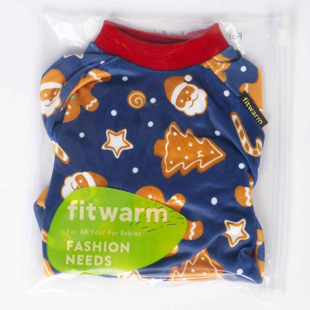 Folded blue Christmas dog pajamas with gingerbread and Santa prints packaged in Fitwarm bag.