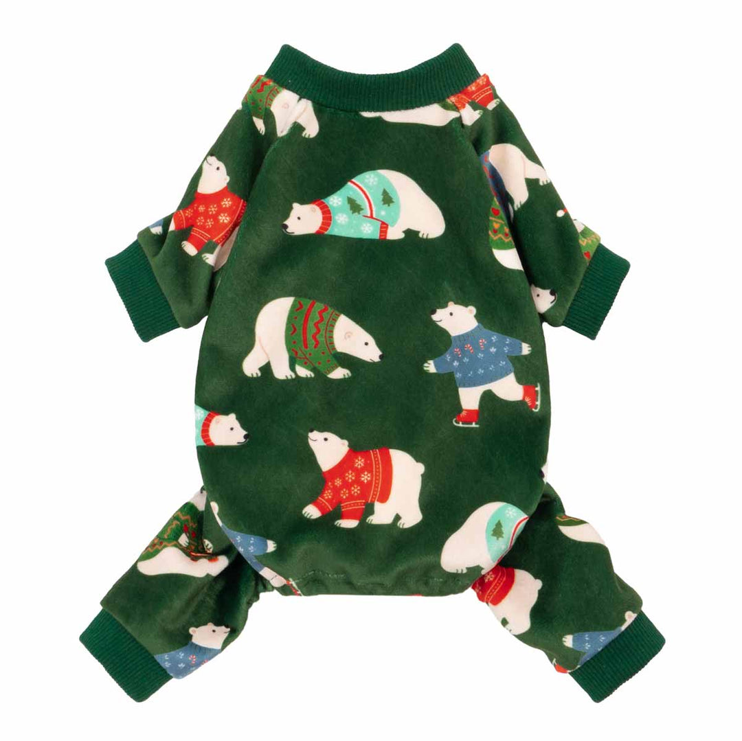 Front view of green dog pajamas featuring cute polar bears in colorful sweaters.