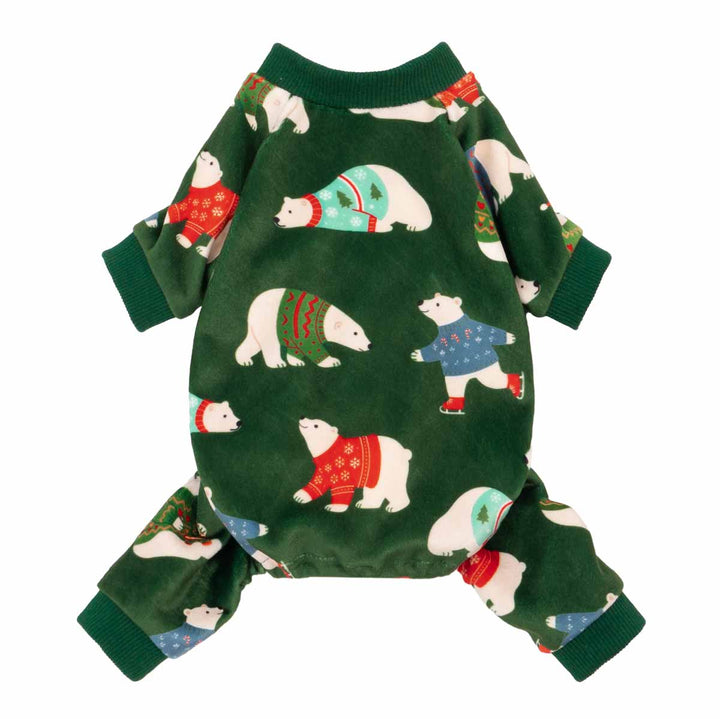 Front view of green dog pajamas featuring cute polar bears in colorful sweaters.