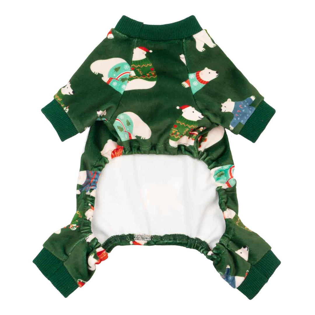 Back view of green dog pajamas with elastic belly design for comfortable fit.