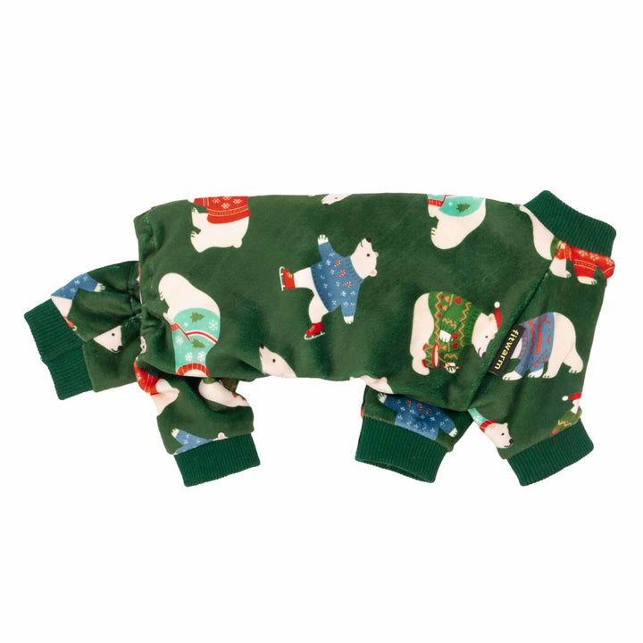 Side view of green dog pajamas decorated with polar bears in festive sweaters.