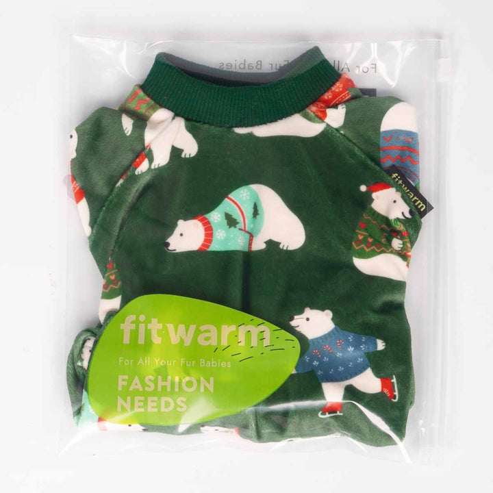 Fitwarm green dog pajamas with polar bear print shown inside packaging bag.