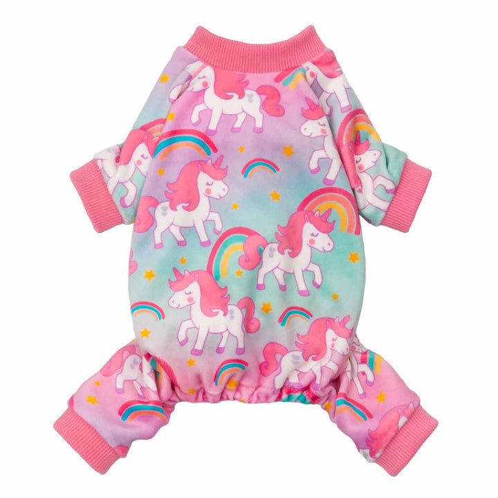 Colorful unicorn dog pajamas featuring pink cuffs, rainbow patterns, and pastel gradient background.