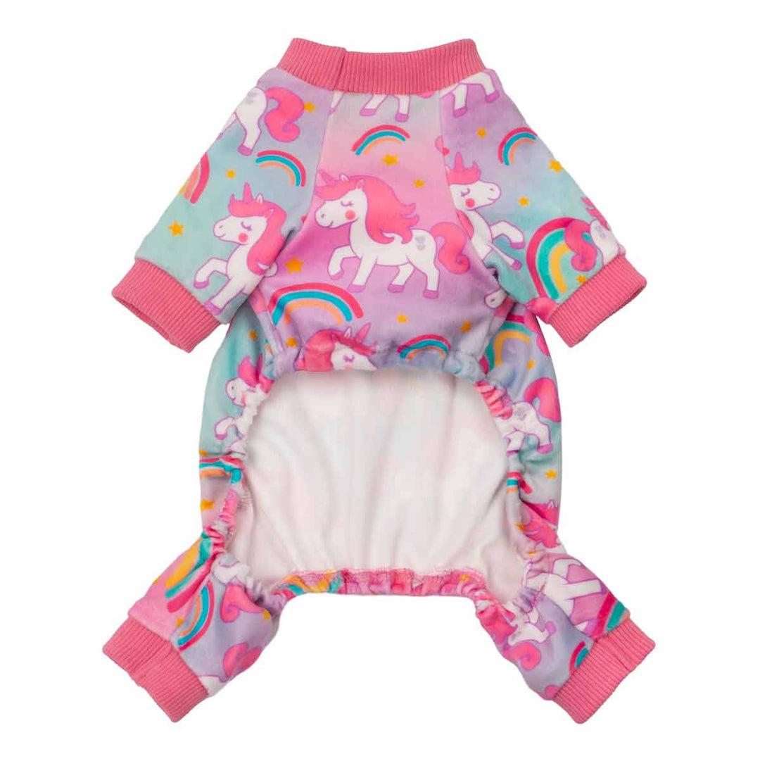 Soft unicorn dog pajamas with elastic openings and cozy white lining for a comfortable fit.