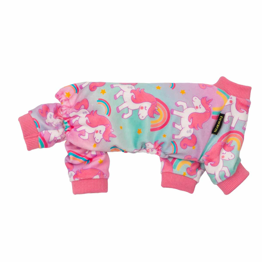 Adorable dog pajamas with pink unicorn prints, rainbows, and Fitwarm label on the side.