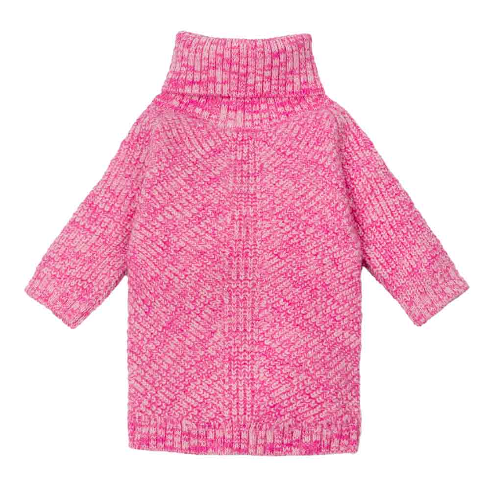 Bright pink knitted dog sweater with ribbed turtleneck and textured pattern on the back.