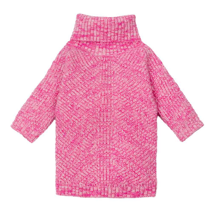 Bright pink knitted dog sweater with ribbed turtleneck and textured pattern on the back.
