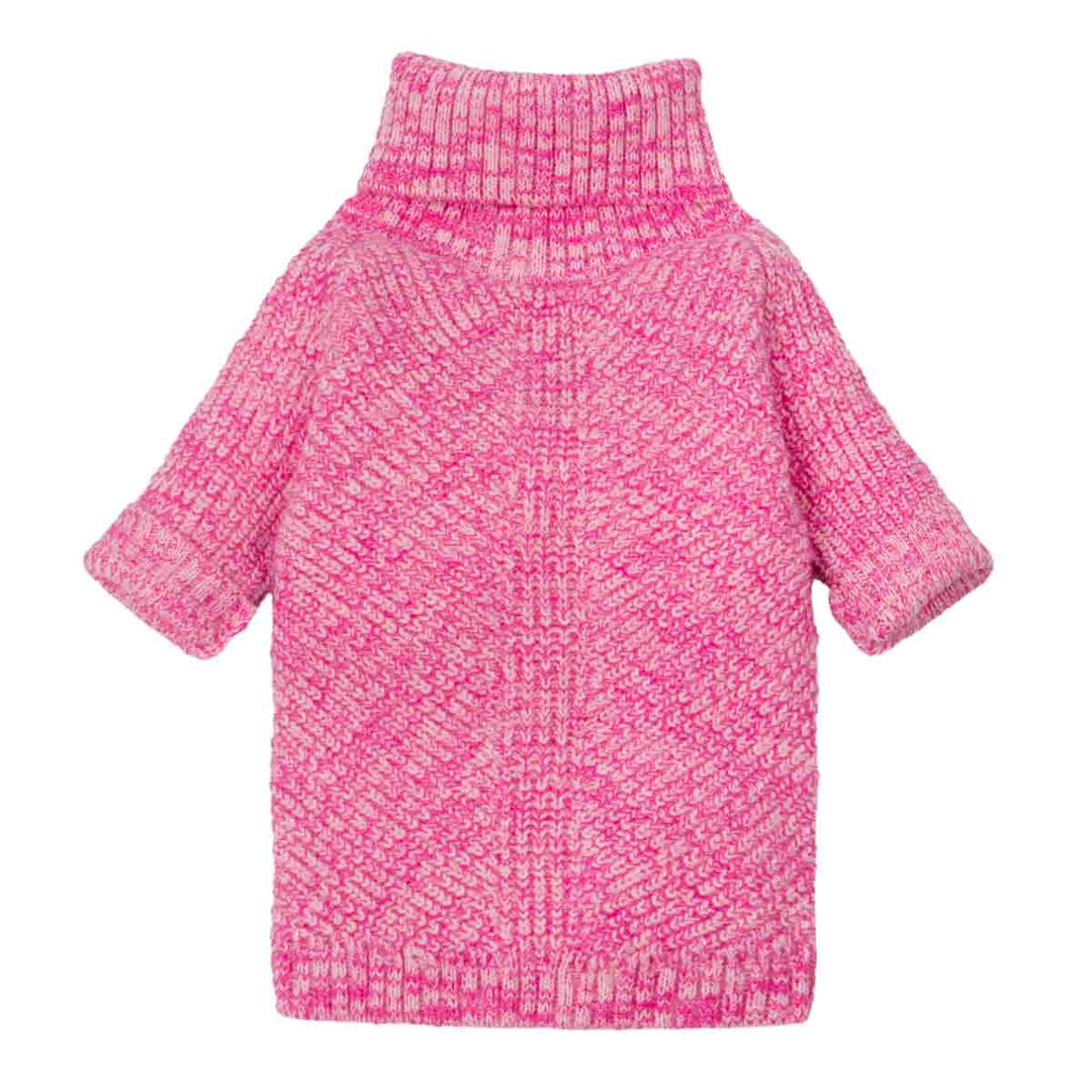 Front view of pink knitted dog sweater featuring ribbed cuffs and cozy turtleneck.