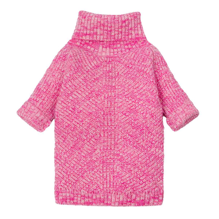 Front view of pink knitted dog sweater featuring ribbed cuffs and cozy turtleneck.