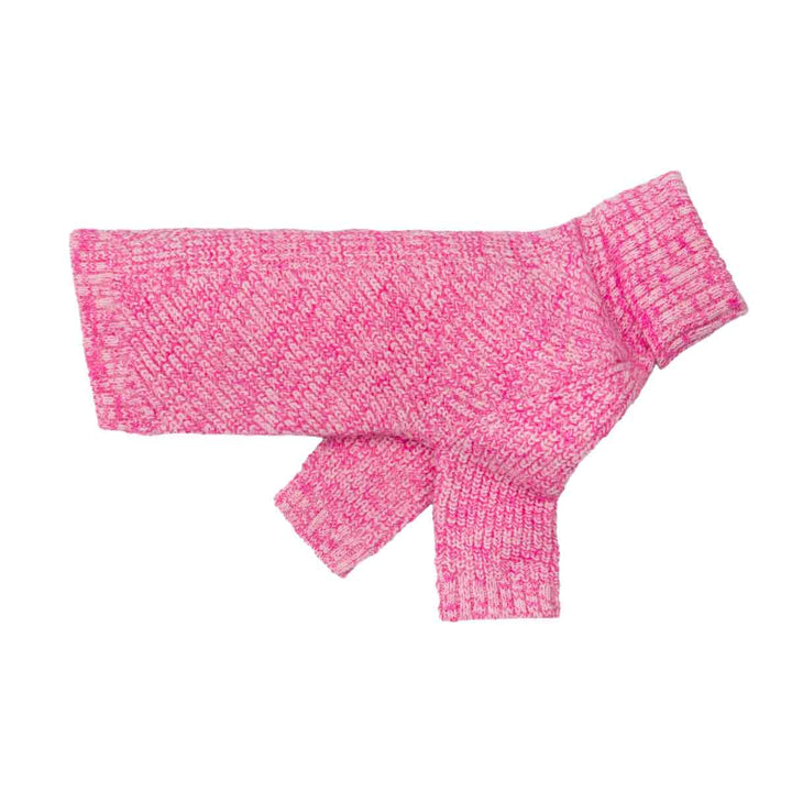 Side view of pink turtleneck dog sweater showing soft knit texture and long sleeves.