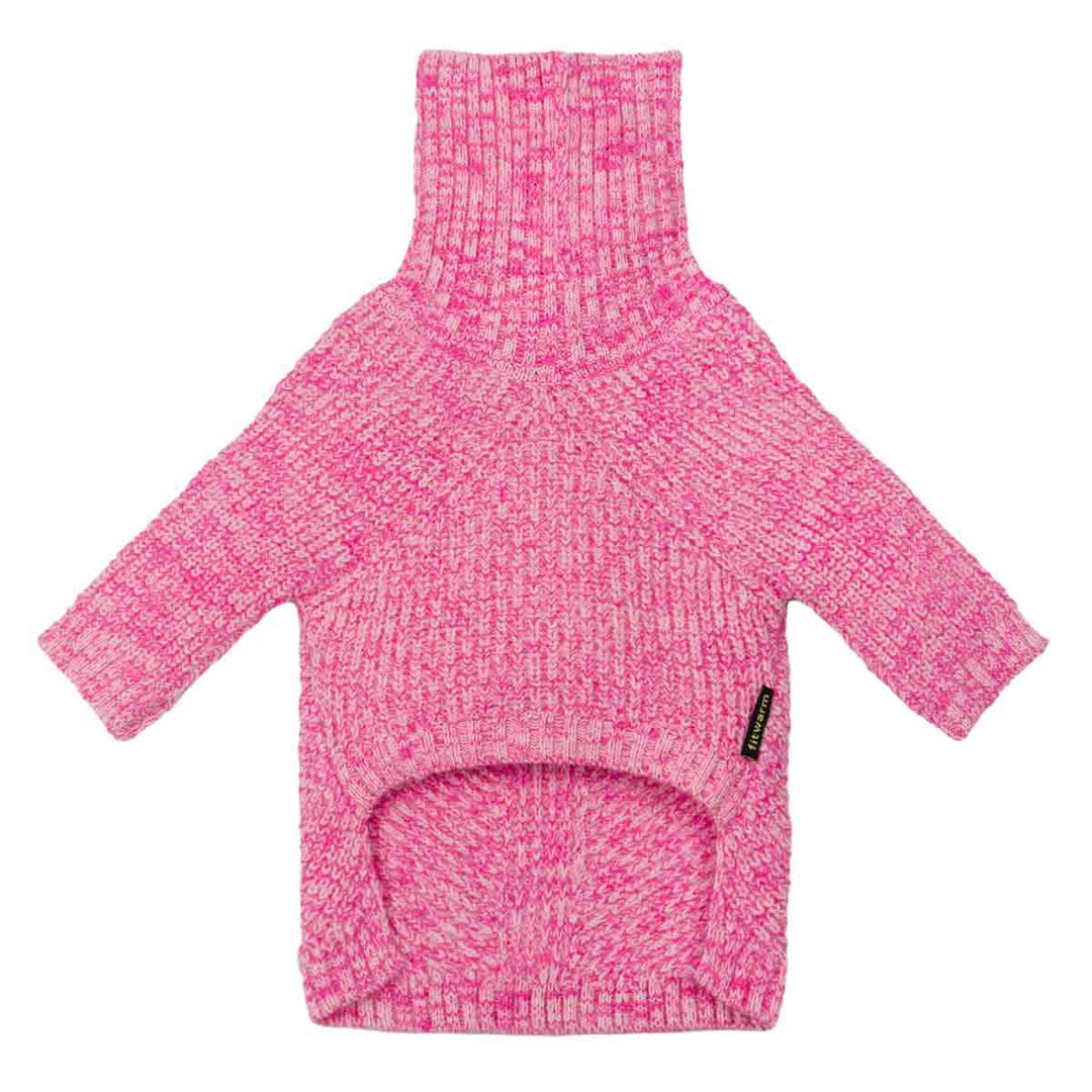 Pink turtleneck dog sweater with ribbed hem and Fitwarm label on the side.