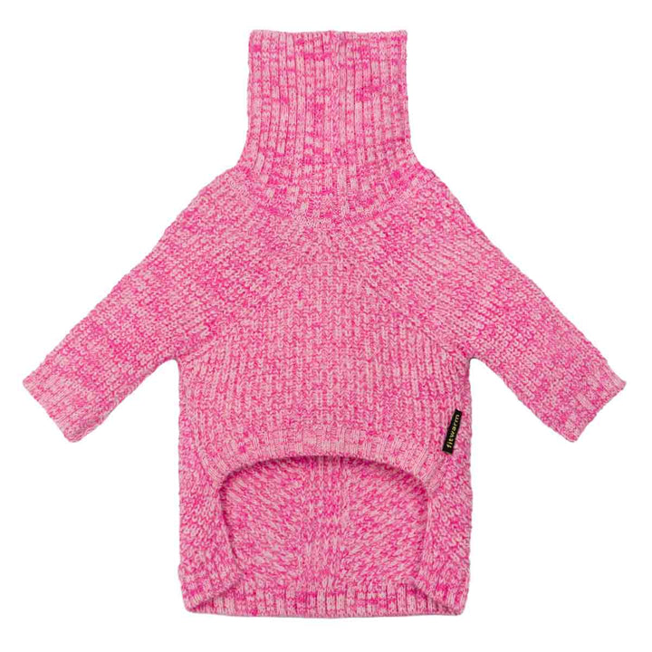 Pink turtleneck dog sweater with ribbed hem and Fitwarm label on the side.