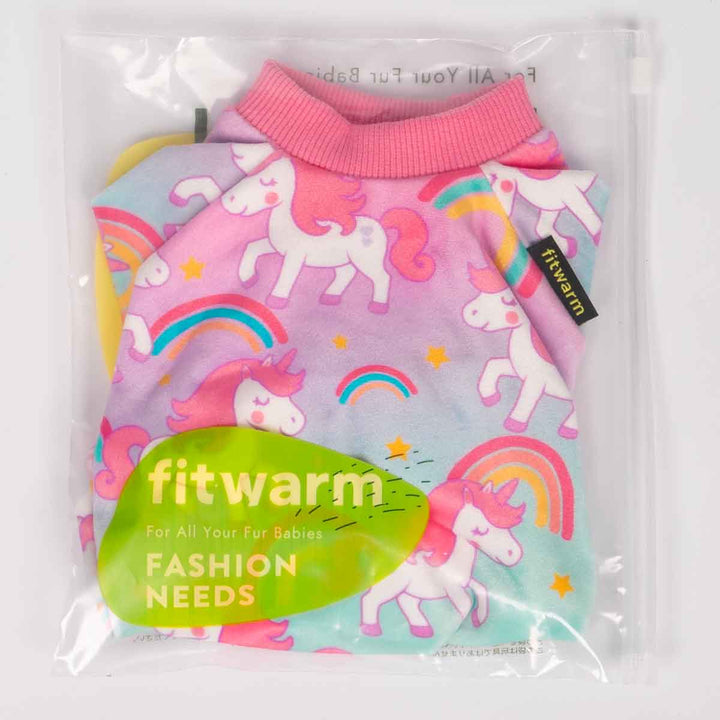 Dog pajamas with unicorn design in packaging, featuring the brand 'fitwarm'.