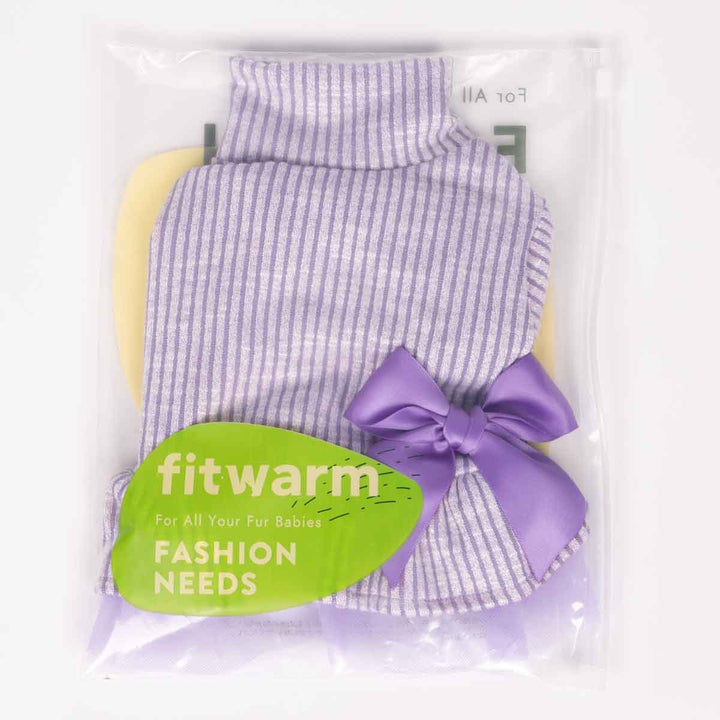 Purple pet dress with a bow in packaging, featuring 'fitwarm' branding.