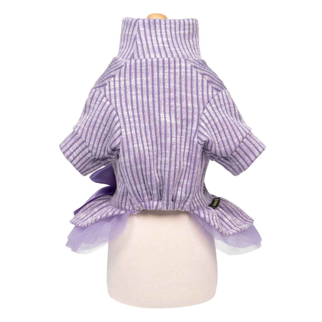 Purple striped dog dress with high collar, short sleeves, and ruffled hem decorated with lavender tulle.
