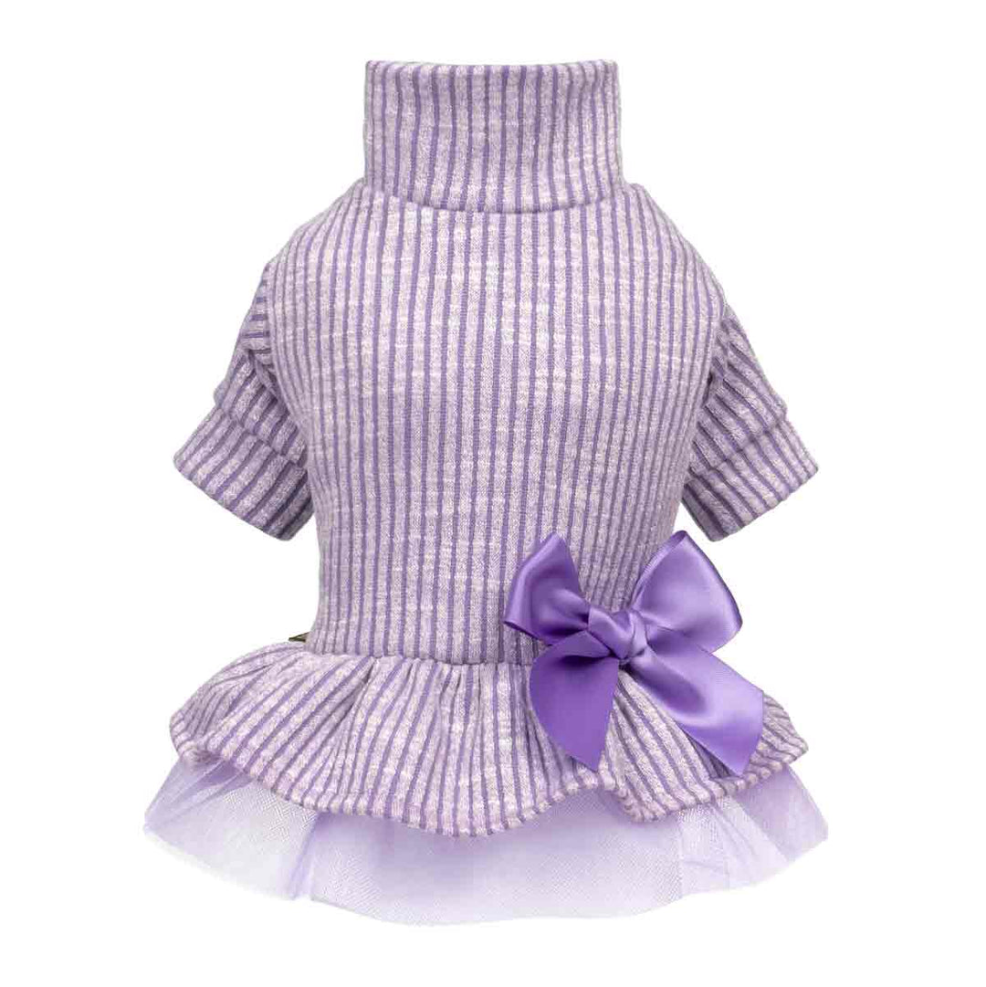 Elegant purple striped dog dress featuring a large satin bow and layered tulle skirt.