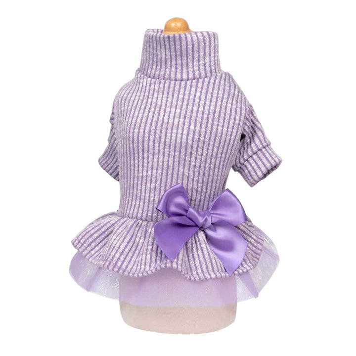 Stylish purple dog dress with ribbed texture, high neckline, and lavender bow accent on the waist.