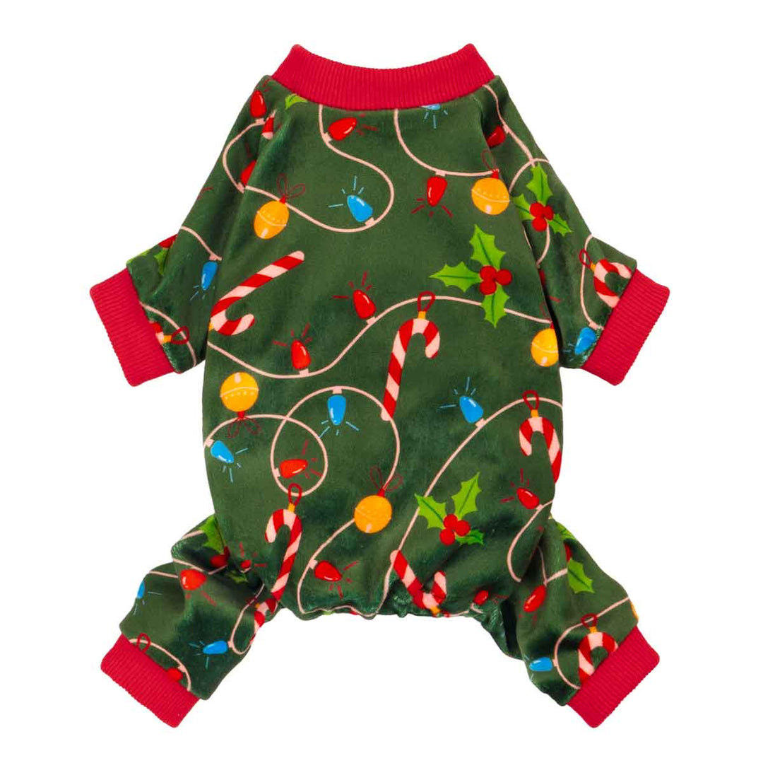 Green Christmas dog pajamas with candy cane and holly prints, featuring red ribbed cuffs.