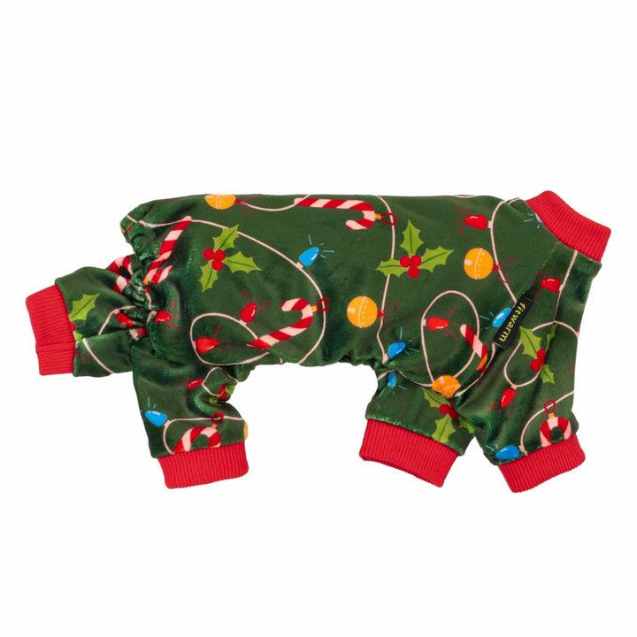 Side view of green dog pajamas with festive candy cane and Christmas light patterns.