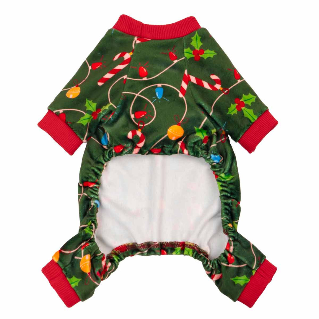 Back view of soft velvet dog pajamas in Christmas design, with elastic hem and bright red trims.