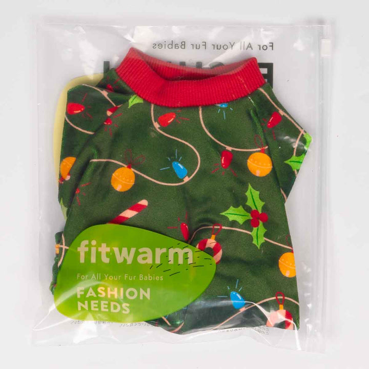 Green pet pajamas with festive design in packaging, featuring the brand 'fitwarm'.