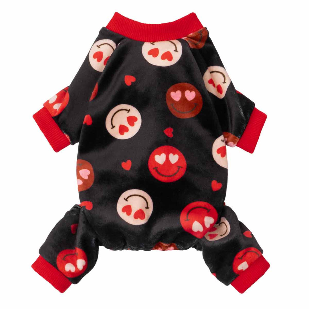Dog pajamas featuring black fabric with red heart-eyes emoji pattern, shown from the back.