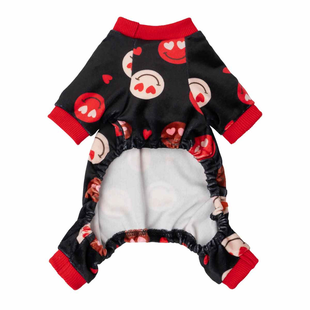 Dog pajamas in a black heart-eyes emoji print, displayed from the belly side.