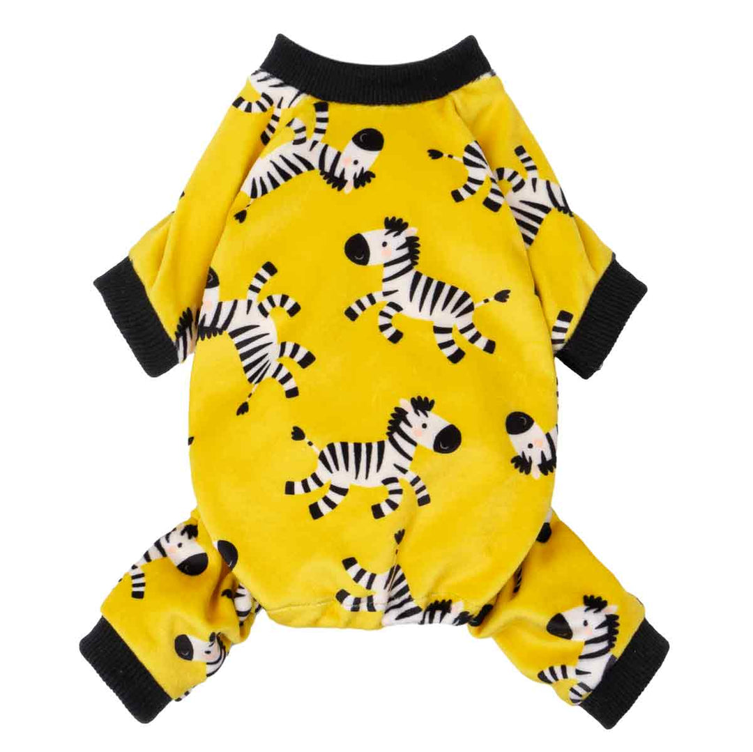 Yellow dog pajamas featuring playful zebra prints displayed in a full-body back view.