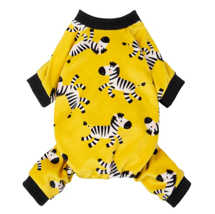 Yellow dog pajamas featuring playful zebra prints displayed in a full-body back view.