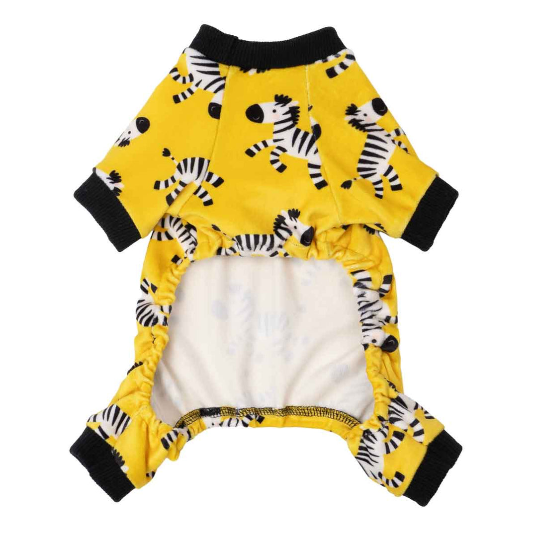 Yellow dog pajamas with zebra pattern shown in an open-front view for detail display.