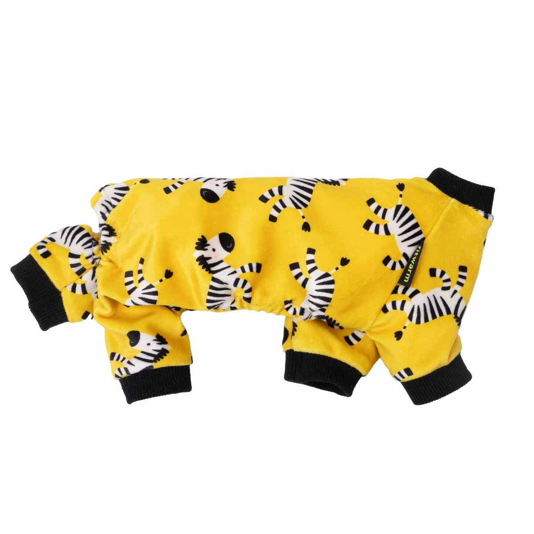 Yellow zebra-print dog pajamas presented in a side view highlighting the four-leg design.