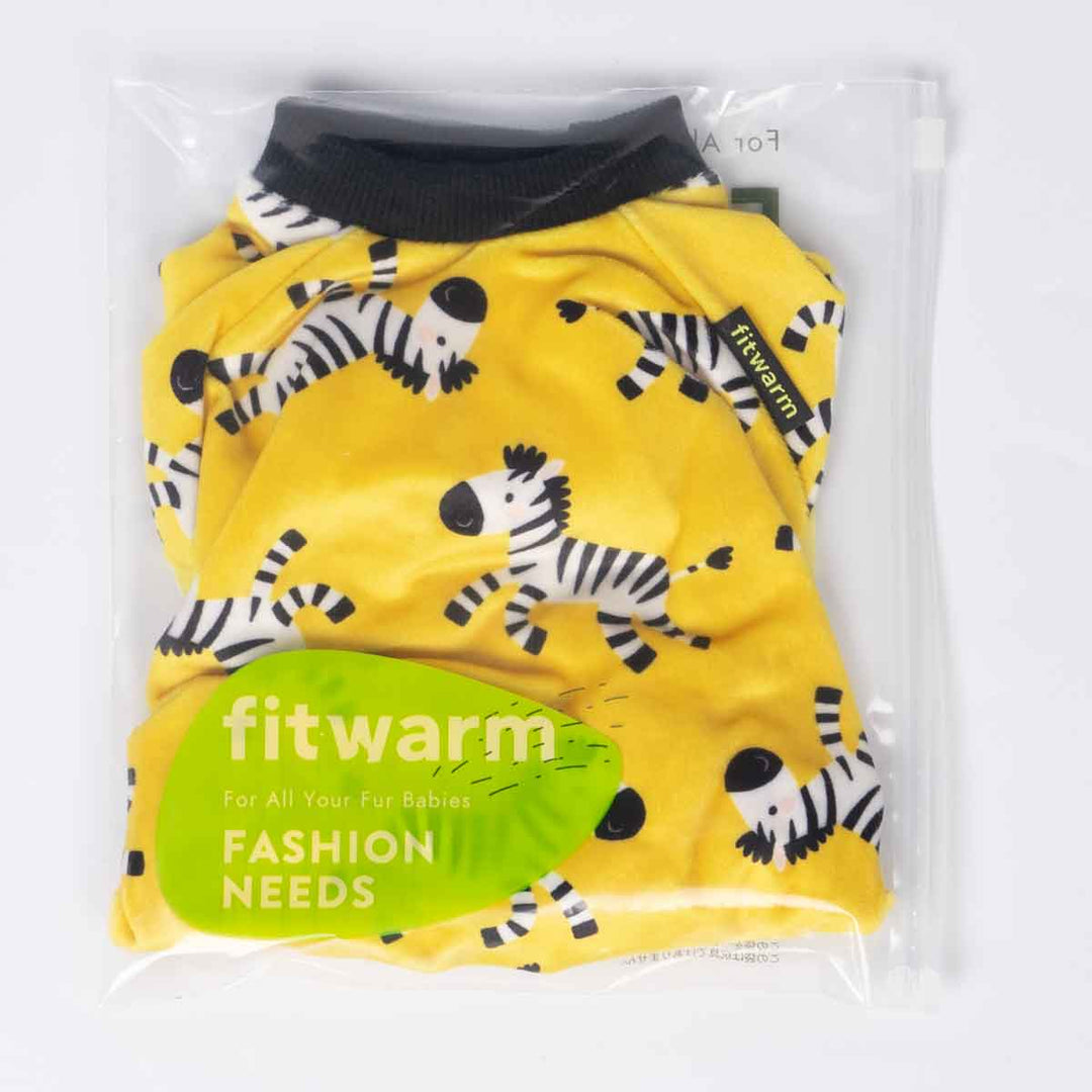 Packaged yellow dog pajamas featuring playful zebra print inside a clear Fitwarm bag.